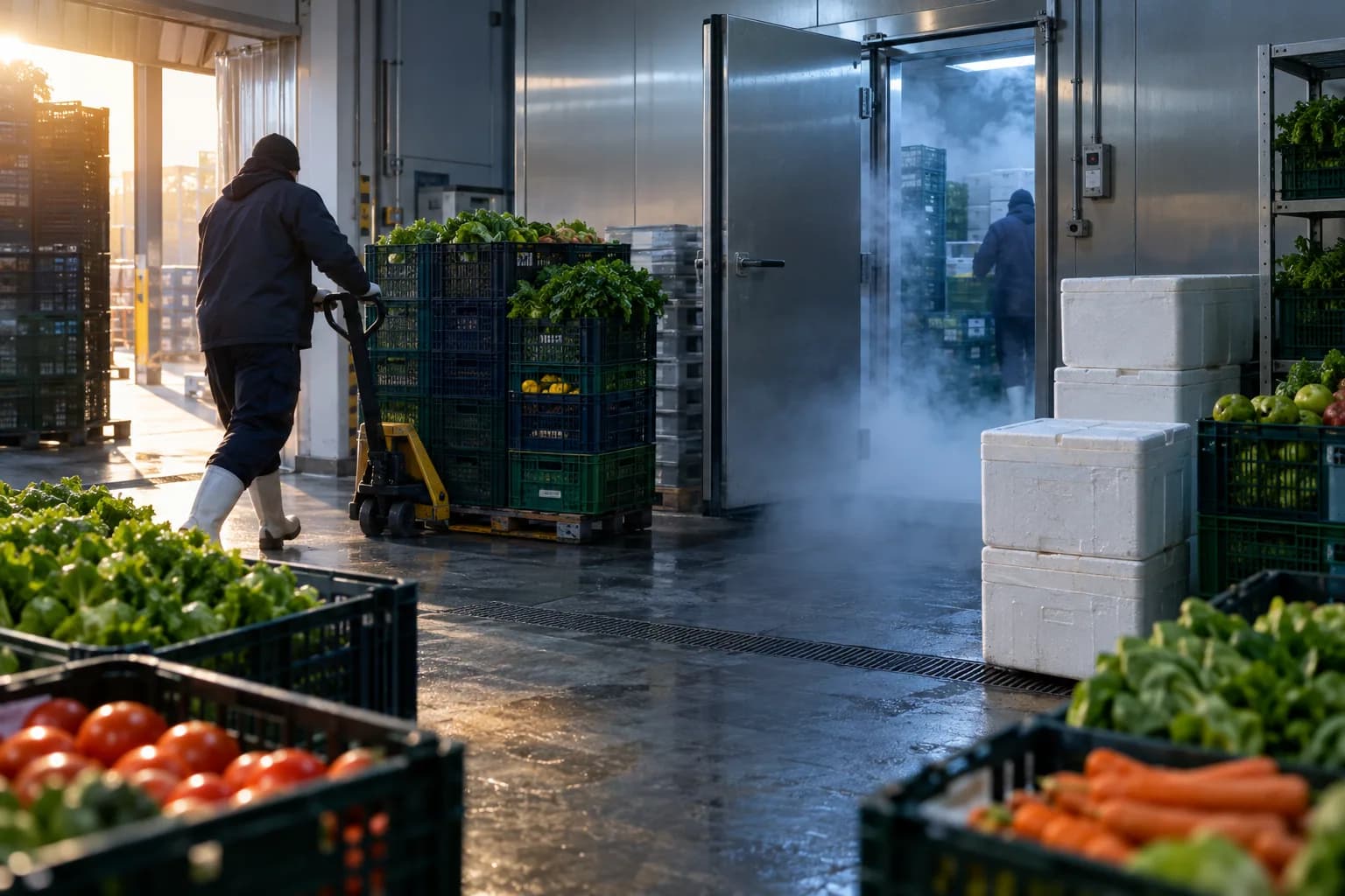 Caixas de hortifruti sendo movidas com paleteira em frente a uma câmara fria aberta