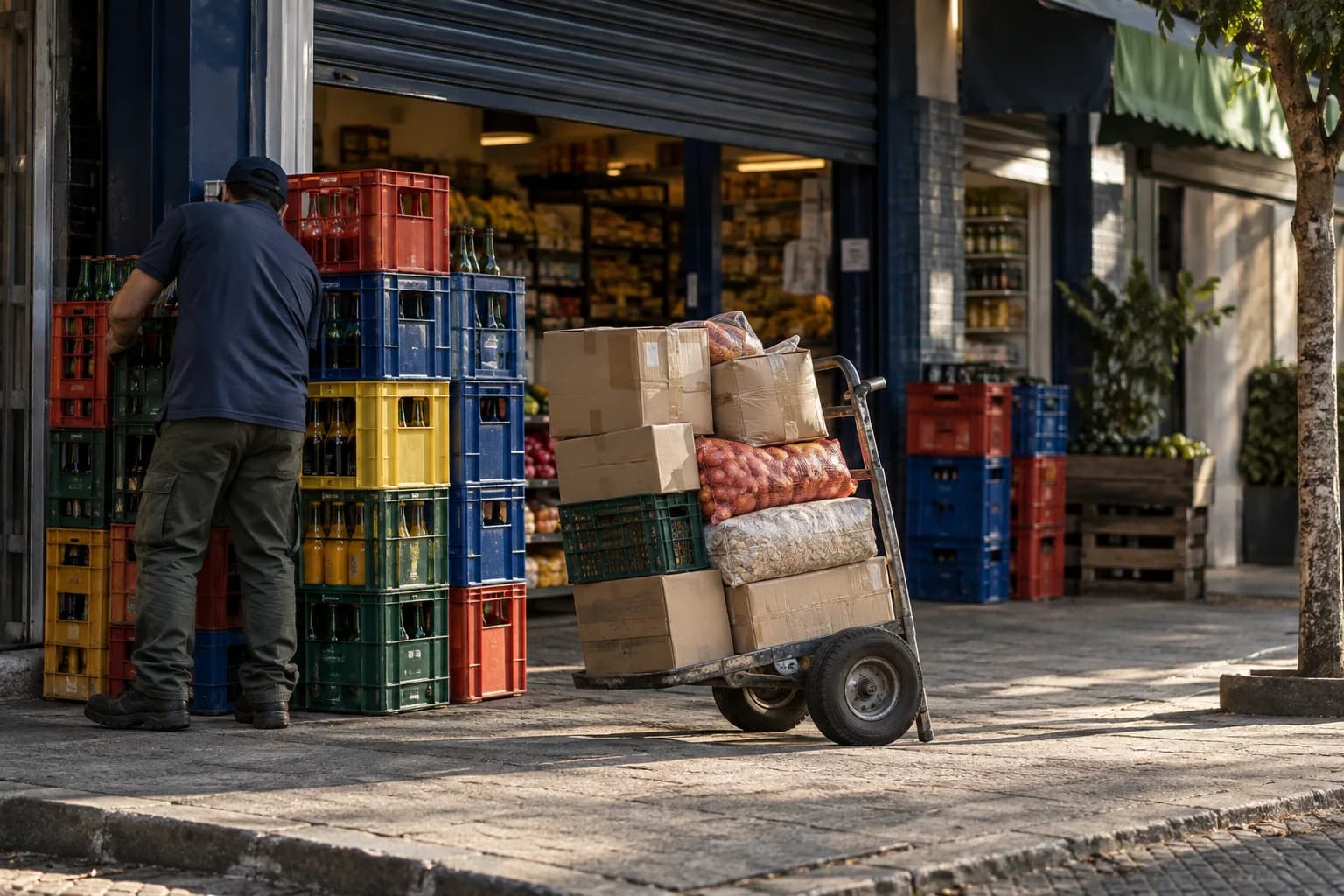 Engradados de bebida e caixas num carrinho de carga na porta de um mercado de bairro