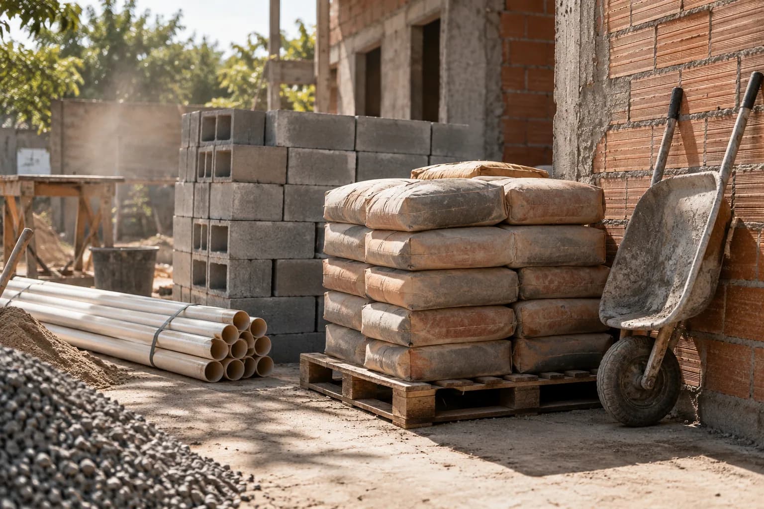 Sacos de cimento sobre palete, blocos de concreto, tubos de PVC e carrinho de mão num canteiro de obra