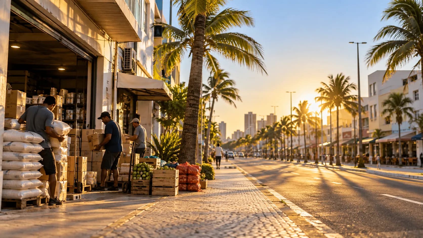 Avenida comercial de uma cidade do Nordeste no fim da tarde, com coqueiros e trabalhadores carregando sacarias na frente de um depósito