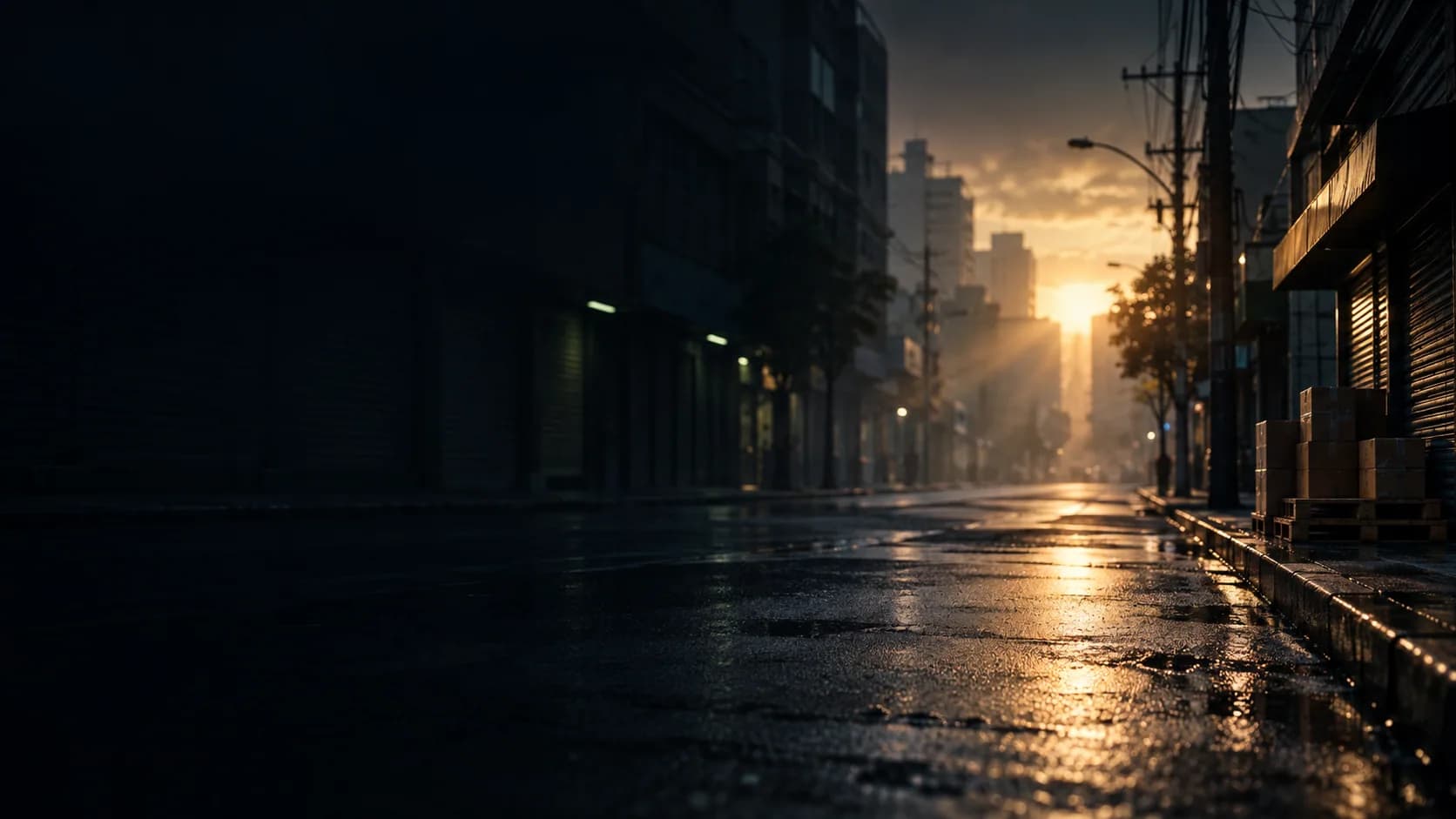 Rua de comércio ao amanhecer, com lojas abrindo e entregas começando