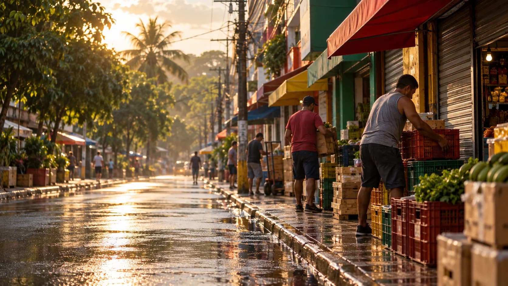 Rua comercial de uma cidade do Norte no começo da manhã, com lojas abrindo e comerciantes descarregando engradados na calçada
